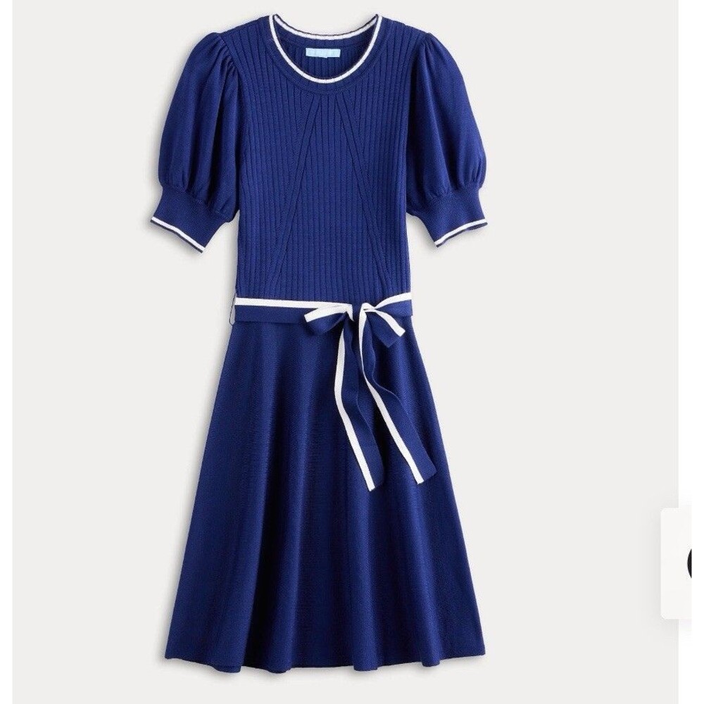 Women's Draper James Belted Elbow Sleeve Sweater Dress 2XL Blue /White Midi New - Picture 13 of 14